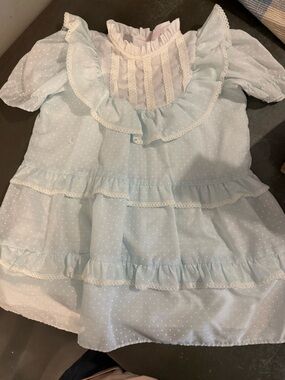 Light Blue Polka Dot Ruffle Dress with Lace Trim